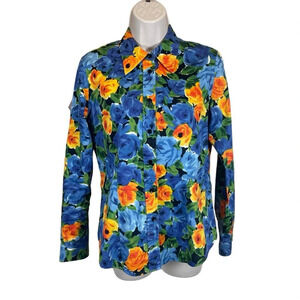 Jones New York bright floral button up shirt casual cotton womens small